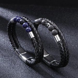 Braided leather bracelet set for men with natural blue lapis lazuli and lava stone beads
