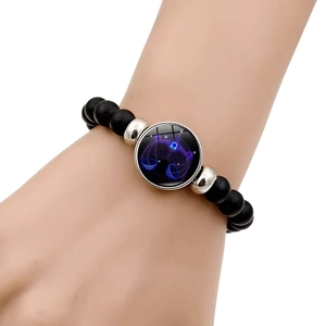 Libra zodiac beaded bracelet with matte black beads and silver celestial charm for couples