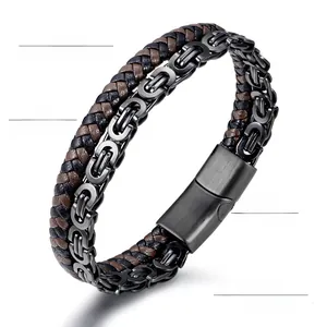 Detail view of double-layer woven leather and stainless steel chain with magnetic clasp