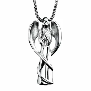 Silver angel wings perfume bottle pendant with prayer figure on stainless steel chain