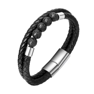 Men's double-layer braided black leather bracelet with lava stones and steel magnetic clasp
