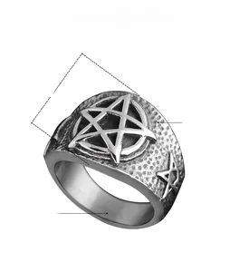 Detail of vintage stainless steel ring showing embossed pentagram star and hammered texture