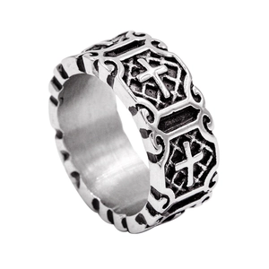 Gothic punk cross ring for men in vintage stainless steel with detailed floral carvings