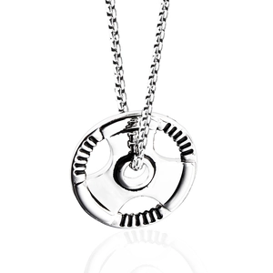 Polished silver barbell plate necklace in stainless steel with a mirrored reflection