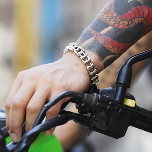 Men's titanium steel motorcycle chain bracelet in silver and gold industrial style