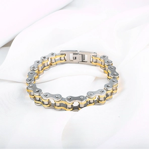 Detailed close-up of two-tone stainless steel bike chain bracelet with secure folding clasp