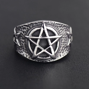 Vintage punk stainless steel ring featuring embossed pentagram and hammered texture