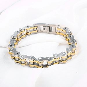 Industrial two-tone silver and gold stainless steel biker chain bracelet for men and women