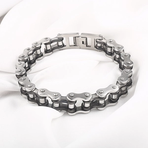 Industrial style stainless steel bike chain bracelet with silver and black links