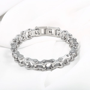 Industrial stainless steel bicycle chain bracelet for men with silver polished finish