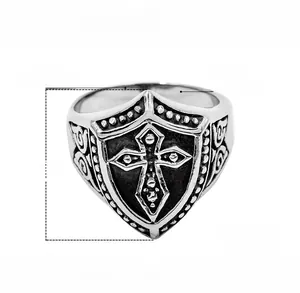 Detailed view of vintage steel shield ring with cross pattern and 24mm height info