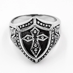 Vintage Titanium Steel Shield Crusader Cross Ring For Men Punk Gothic Oil Drip Religious Signet Finger Ring Jewelry Gift