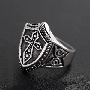 Vintage stainless steel crusader shield ring with cross relief and gothic engraved patterns