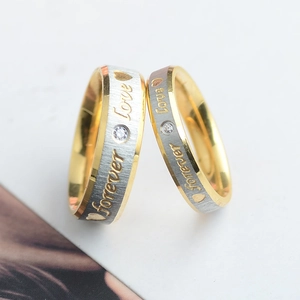 Bagues de couple bicolores en acier inoxydable avec gravure Forever Love et zircon