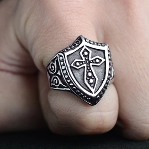 Vintage stainless steel shield ring with gothic cross and ornate floral engravings