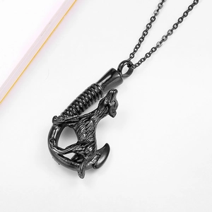 Wolf head hook cremation urn necklace pendant made of black stainless steel with chain