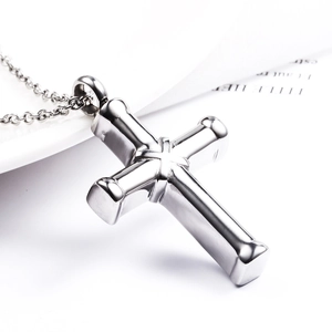 High-polished silver stainless steel cross urn pendant necklace with classic O-link chain