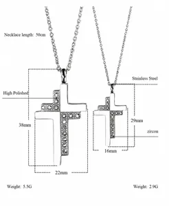 Detailed size chart for stainless steel cross pendants with zircon in small and large sizes