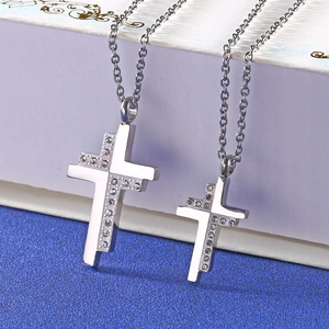 Polished titanium steel cross necklaces with zircon inlays for couples and lovers