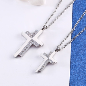 Polished stainless steel cross pendant necklace with white crystals for couples