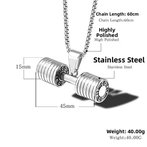 Polished silver stainless steel dumbbell pendant with Go Fit engraving and size specs