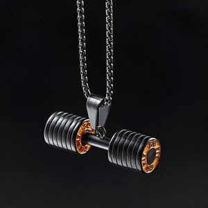 Matte black barbell pendant necklace in stainless steel with GO FIT engraving on box chain