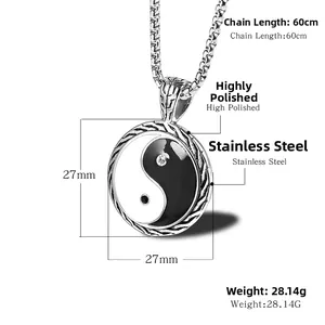Detailed view of 27mm Tai Chi Yin Yang pendant in polished stainless steel with 60cm chain