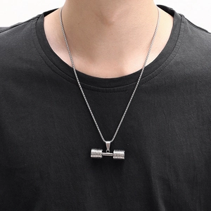 Silver barbell dumbbell pendant necklace in stainless steel for fitness enthusiasts
