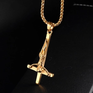 Gold stainless steel inverted crucifix pendant necklace with Jesus on a box chain