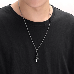 Vintage silver stainless steel inverted cross pendant necklace for men and women