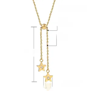 Detailed view of gold star pendant necklace with dimensions and stainless steel material