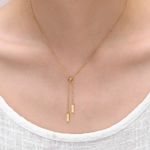 Collier en Y plaqué or 18K minimaliste avec pendentifs rectangulaires sertis de diamants