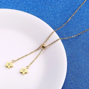 Gold stainless steel lariat necklace with adjustable double star charms and zircons