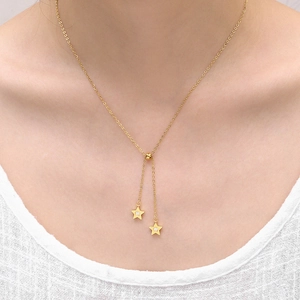 Elegant 18K gold Y-shaped double star necklace with crystals on polished stainless steel