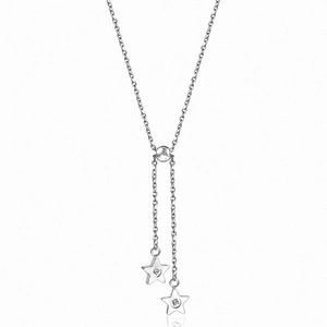 Polished stainless steel double star pendant necklace with cubic zirconia on O-chain