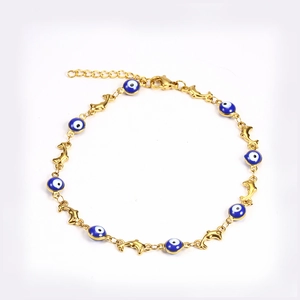 Bracelet en titane plaqué or 18 carats avec perles mauvais œil et charms dauphin