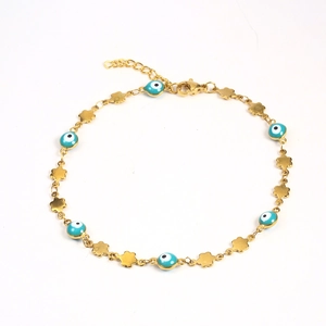 Bracelet chaîne œil maléfique plaqué or 18 carats pour femme avec breloques bleues et fermoir