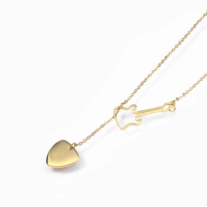 Detailed view of a gold-toned Y-necklace featuring a guitar pick and hollow guitar silhouette