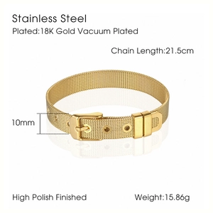 Detail of 18K gold plated stainless steel mesh bracelet showing dimensions and 10mm width