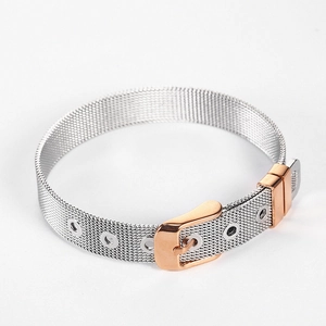 Adjustable silver mesh chain bracelet in titanium steel with rose gold buckle clasp