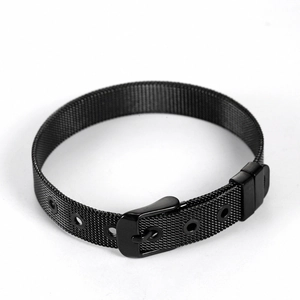 Minimalist black stainless steel mesh bracelet with adjustable buckle on white background