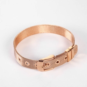 Rose gold Milanese mesh strap bracelet in stainless steel with adjustable buckle closure