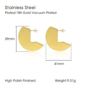 Detail showing 18K gold plated semi-circle fan-shaped stainless steel earrings dimensions