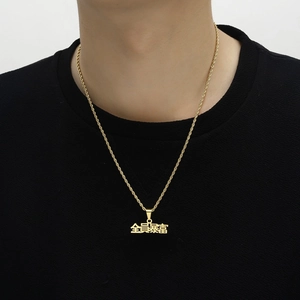 Hip hop gold plated rope chain necklace featuring a bold Chinese character pendant for unisex