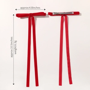 Elegant red velvet bow hair clip with long ribbons and metal duckbill clip for women