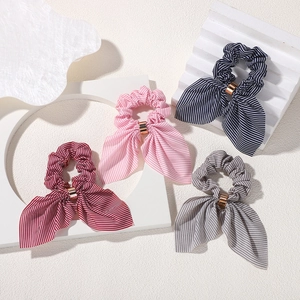 4-pack vintage striped bow scrunchies in navy, pink, red and grey with gold metal rings