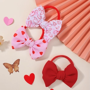 Valentine's Day Bowknot Kids Hair Bands Heart Print Waffle Fabric Elastic Hair Ties Triple Pack For Baby Girls Headwear
