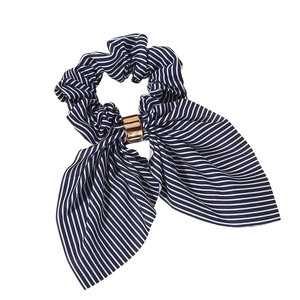 Blue and white striped bow hair scrunchie with a stylish gold metallic buckle detail
