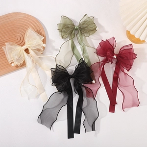 Barrette à Nœud en Organza pour Enfants Avec Longs Rubans et Künstliche Perles Accessoire de Cheveux Élégant pour Filles Fête Quotidienne