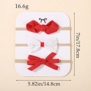 Set of three soft nylon baby headbands with red and white lace bows for infants